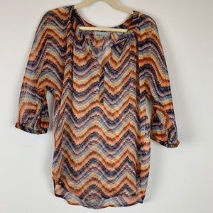 DANIEL RAINN Sheer 70s Vibe Pixelated Wave‎ Blouse Sz S
